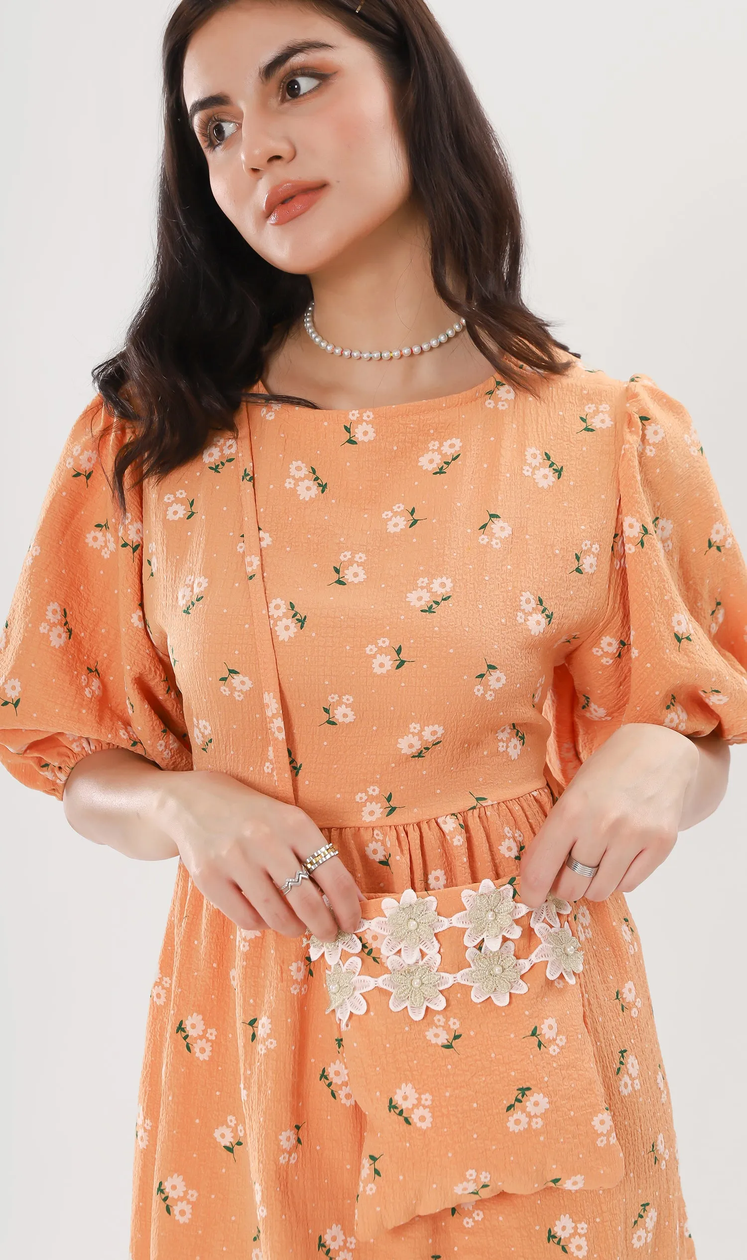YANA Floral-Print Puff-Sleeve Babydoll Dress w/ Bag (Melon)