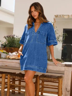Zada Johnny Collar Half Sleeve Denim Dress
