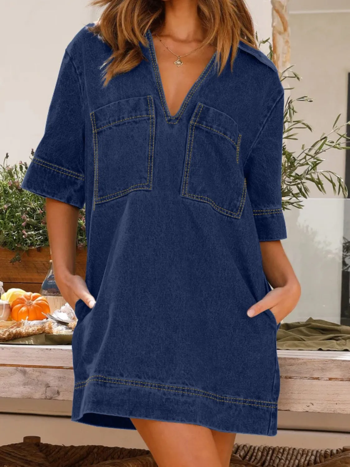 Zada Johnny Collar Half Sleeve Denim Dress
