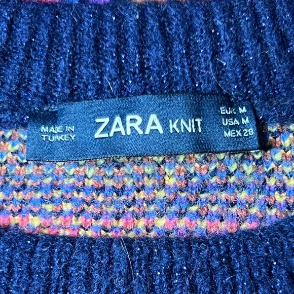 Zara Size Medium Multicolor Jacquard Oversized Sweater Boho Layer Sparkle Accent