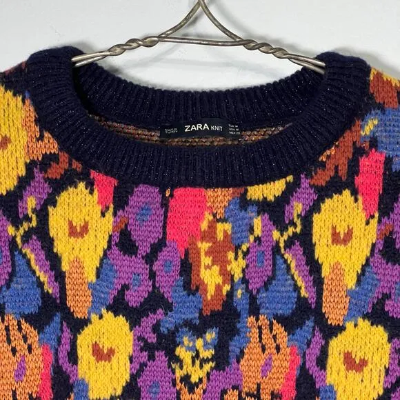 Zara Size Medium Multicolor Jacquard Oversized Sweater Boho Layer Sparkle Accent